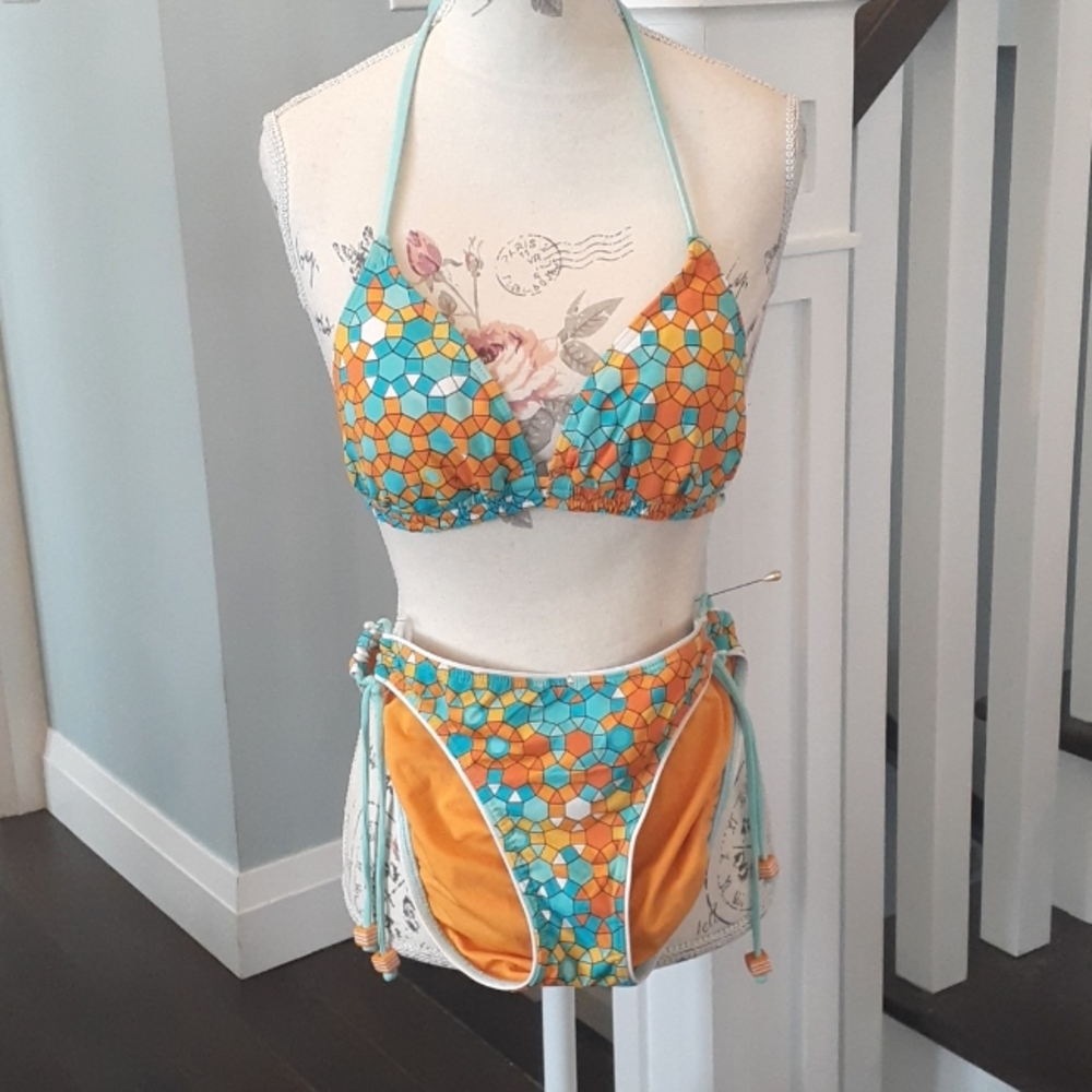 + Bf Ave blue and orange geometric print Bikini